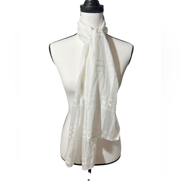 Elegant Sheer White Scarf with Plaid Pattern, approx. 13”x57” - Picture 2 of 11